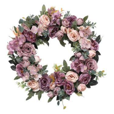 Imagem de oshhni Guirlanda artificial de 45 cm de diâmetro com peônias e rosas para porta de entrada, festa, decoração de parede externa, guirlanda para janela e, Roxo