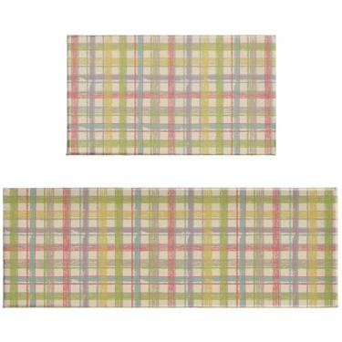 Imagem de Tapetes de cozinha xadrez de Páscoa para chão, conjunto de 2 tapetes de cozinha com tema de férias de primavera, verde, roxo, amarelo, búfalo, xadrez, guingão, antiderrapante, lavável, absorvente
