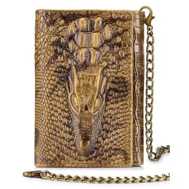 Imagem de Carteira masculina de couro bovino genuíno Steel Lion – Design em relevo de crocodilo com grande janela para identidade, 15 compartimentos para cartão e bolso de moedas com zíper embutido, inclui