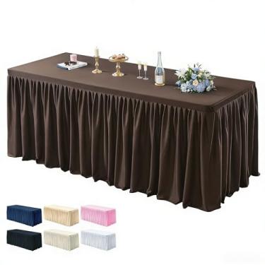 Imagem de PARTISKY 1 pacote de toalhas de mesa de chocolate para mesas retangulares de 2,4 m, capa de mesa de elastano resistente a vincos, toalha de mesa elástica com saias plissadas com babados para festa