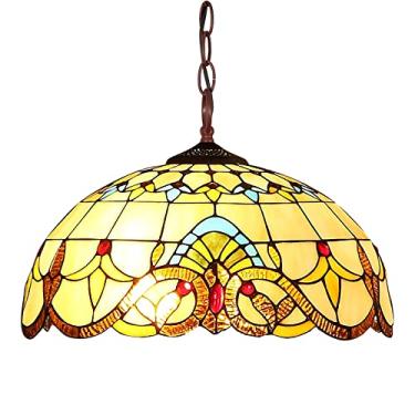 Imagem de Lustre barroco estilo Tiffany, luminária pendente vintage em vitral amarelo, altura ajustável, lâmpada de teto LED E27 para decoração de sala de estar, quarto e sala de jantar, 46 cm