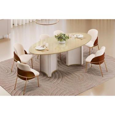 Imagem de Conjunto: Mesa de Cozinha Liz c/ Tampo Madeirado c/ Vidro Oval 218x108cm e 6 Cadeiras Vitta Off White/Dourado - Boucle Perola/Terracota - DJ Móveis