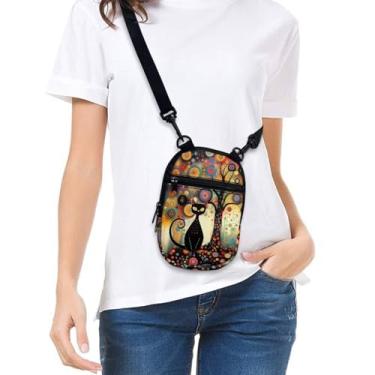 Imagem de Bolsa feminina pequena a tiracolo para celular, carteira com zíper, bolsa carteiro com alça ajustável, Gato preto, Tendência