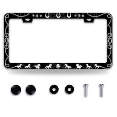 Imagem de Moldura de placa de carro de corrida de cavalo Molduras de placa de licença de ferradura acessórios engraçados de aço inoxidável decoração de carros com 2 furos e parafusos serve para suporte de