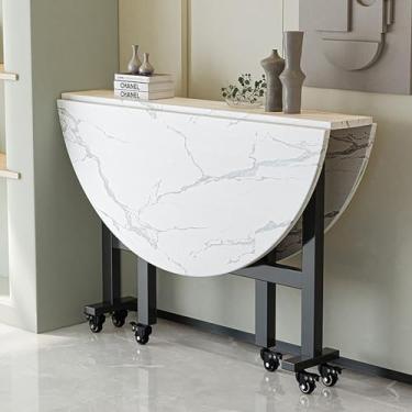 Imagem de Mesa de jantar de folha larga, mesa de cozinha dobrável com 6 rodas, mesa de jantar dobrável com almofadas ajustáveis, suporte de aço carbono, suporta facilmente 400 kg, dobrável em 3 formas (cor: