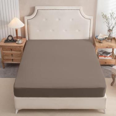 Imagem de PURE ERA Apenas lençol de baixo de algodão de malha de jérsei (sem lençol de cima ou fronhas) Bolso extra profundo de até 38 cm a 50 cm, ultramacio, confortável, respirável, marrom sólido, casal