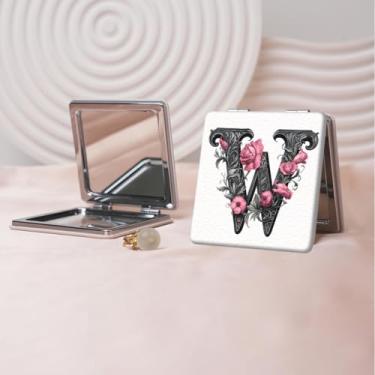 Imagem de Espelho de maquiagem portátil de couro PU retrô europeu com letras florais, mini espelho dobrável de mão dupla face, quadrado para retoque, presente ideal para todas as ocasiões