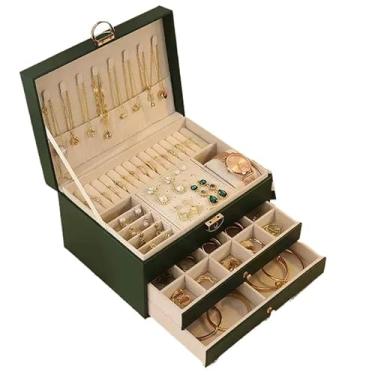 Imagem de Porta Jóias Caixa Organizadora De Jóias Feminina Em Couro Com Duas Camadas/Anéis/Colar Fecho (VERDE/3077)