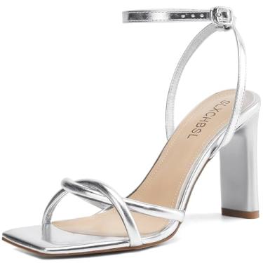 Imagem de SLXCHBSL Sandálias femininas quadradas de bico aberto com tiras para mulheres, elegantes e grossas, salto alto, fivela no tornozelo, sandálias de salto para mulheres, sapatos confortáveis de casamento