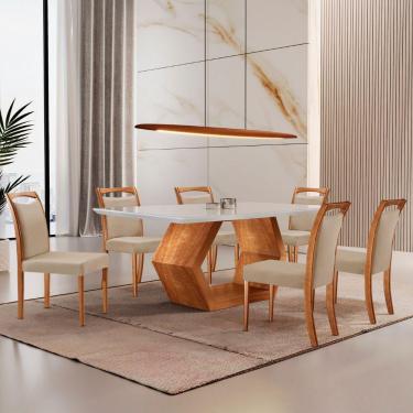Imagem de Mesa Ane 180 Tampo Com Vidro Laqueado Com 6 Cadeiras Livia Linho Premuim Imbuia Natural Off White