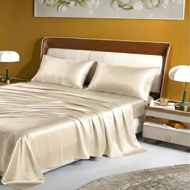 Imagem de Jogo de Lençol Cetim Casal King 4 Peças Lençol com Elástico e Fronhas 