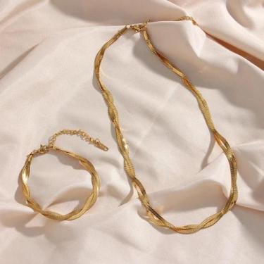 Imagem de Conjunto De Colar E Pulseira Feminino Em Aço Inoxidável Banhado a Ouro