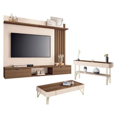 Imagem de Painel Suspenso Lets Castanho Off White com Mesa de Centro Cadenza e Aparador Vivant Off White Castanho - HB Móveis