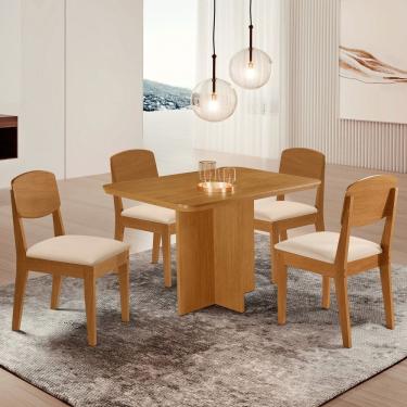 Imagem de Conjunto Sala de Jantar Mesa Moscou Tampo 120cm Canto Copo de Mdf e 4 Cadeiras Cleo Yescasa Creme / Naturalle