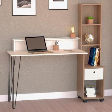 Imagem de Escrivaninha Hairpin com Estante Nichos e Gaveta Champagne / Off White