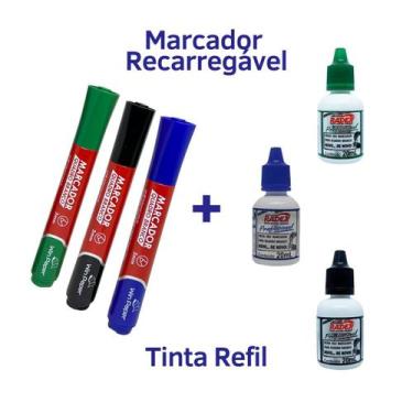Imagem de 3 Canetas Recarregáveis + 3 Tintas de Pincel Quadro Branco - Kit Marca