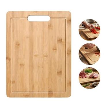 Imagem de Tábua De Corte Rustica de Bambu Natural 24x34cm Com Canaleta Alça E Pr
