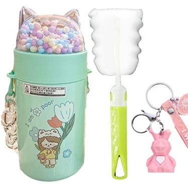 Imagem de Garrafa de água para meninas com alça brilhante para a escola com alça de gato e lantejoulas copo térmico com glitter, presente de aniversário para crianças (menina verde C, 280 ml)