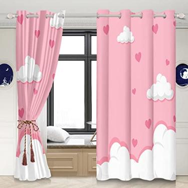 Imagem de Yeele Cortinas de janela de quarto de meninas 106,7 x 160,0 cm com nuvens brancas cortina blackout rosa para quarto de crianças, decoração de sala de estar, cortina de poliéster à prova d'água com ilhós, conjunto de 2 painéis