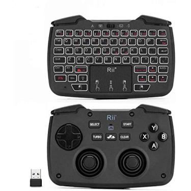 Imagem de (Versão retroiluminada) Rii RK707 3 em 1 Controlador de jogo portátil sem fio multifuncional 2,4 GHz Teclado recarregável de 62 teclas Mouse Combo Função de vibração turbo para PC/Raspberry pi2/Android TV Google/TV B
