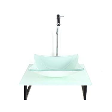 Imagem de KIT CUBA DE VIDRO QUADRADA 10MM COM TAMPO DE VIDRO 40CM X 40CM BRANCO FULL E SUPORTE TORNEIRA VALVULA