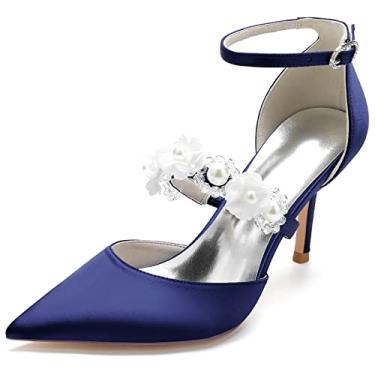 Imagem de Sapatos femininos Mary Jane noiva flor casamento salto alto bico fino salto alto tira no tornozelo pérolas, Azul-escuro, 7