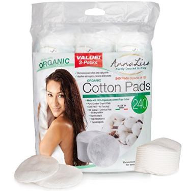 Imagem de Almofadas de algodão 100% orgânico puro da AnnaLisa para remoção de maquiagem/esmalte | 240 peças de limpeza facial redonda italiana| 3 pacotes de 80 argolas de algodão hipoalergênicas e absorventes para extremidades fechadas