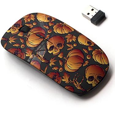 Imagem de Mouse sem fio 2.4G com design de padrão bonito para todos os laptops e desktops com nano receptor - folhas de caveira de Halloween