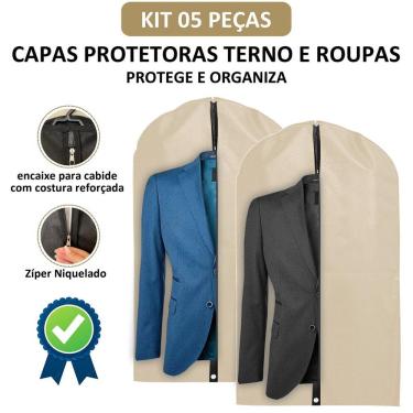 Imagem de Kit 5 Capa Protetora Para Terno Roupa Jaqueta Vestido Com Zíper TNT Impermeável Bege Clean