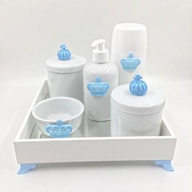 Imagem de Kit Higiene Bebê Porcelana Príncipe Coroa Azul Bandeja Mdf Garrafa 6Pç