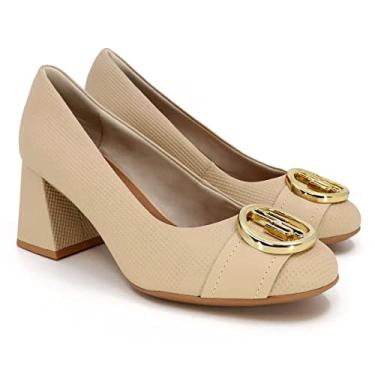 Imagem de Scarpin Couro Usaflex Salto Bloco Fivela Monograma - Bege - 37