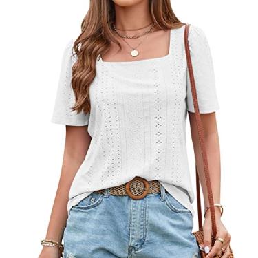 Imagem de Camiseta feminina de verão manga curta ajuste solto blusa manga quadrada oca doce camisa tops para usar com leggings, branca, GG