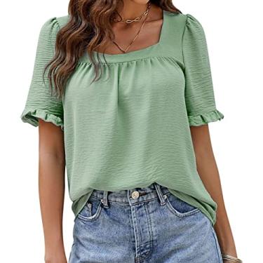 Imagem de Camiseta feminina de manga curta com gola quadrada plissada top de manga curta doce camisa casual verão blusa manga com babados blusas, verde, P