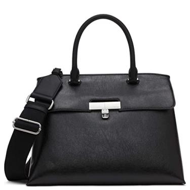 Imagem de Calvin Klein Bolsa feminina Becky Turn Lock – 2 em 1, couro vegano, 3 bolsos, Preto/Prata encerada, One Size