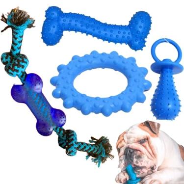 Imagem de kit de 4 Brinquedo mordedor para cachorros pequenos bola corda pet… (Azul)