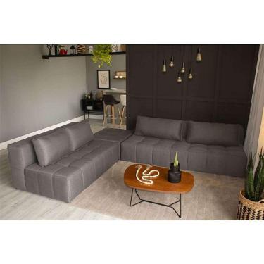 Imagem de sofá modular 2 e 3 lugares com puff soho linho cinza