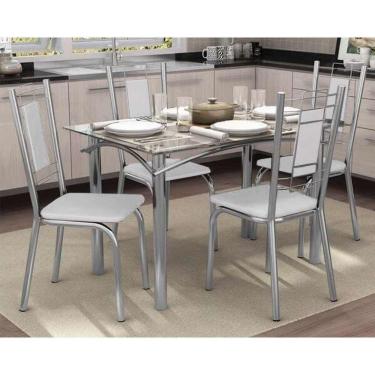 Imagem de Mesa Sala Jantar Elba C/ Tampo Vidro 120cm + 4 Cadeiras Florença Cromado/courano Branco - Kappesberg