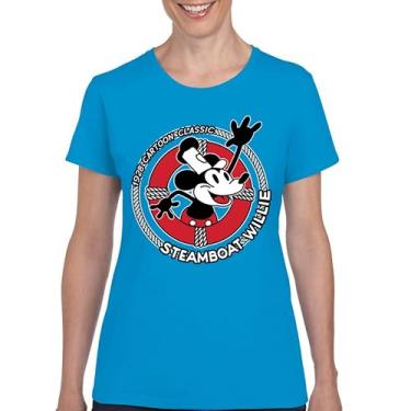Imagem de Camiseta Steamboat Willie Life Preserver divertida clássica desenho animado praia Vibe Mouse in a Lifebuoy Silly Retro Camiseta feminina, Azul claro, GG