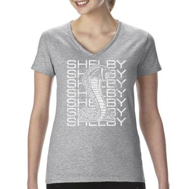 Imagem de Camiseta feminina vintage Stacked Shelby Cobra gola V American Classic Racing Mustang GT500 Performance Powered by Ford Tee, Cinza, P