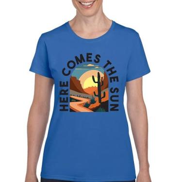 Imagem de Camiseta Here Comes The Sun Retrô Boho Cactus Canyon Sunrise Vintage Viagem Hippie Verão Anos 60 Sul Camiseta Feminina, Azul, G