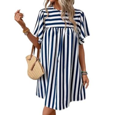 Imagem de Camisa Feminina Striped Print Smock Dress (Color : Blue and White, Size : M)