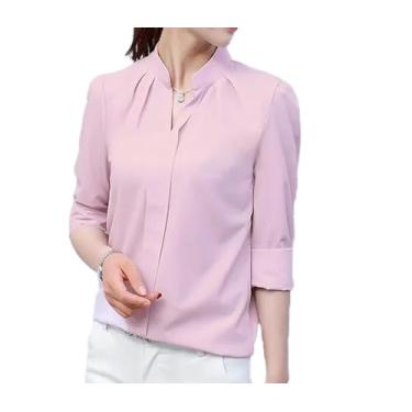 Imagem de ZIRIA Camisa de manga comprida, blusa fina de chiffon, gola V, elegante, para escritório, camisetas básicas, Rosa, G