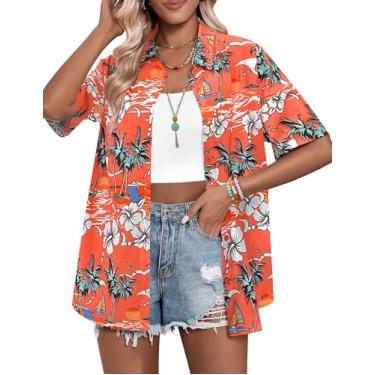 Imagem de HOTOUCH Camisas havaianas femininas de botão casual floral tropical camisa manga curta verão praia camisa 2024, Havaí, laranja, GG