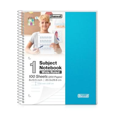 Imagem de Dunwell Caderno espiral pautado largo, azul, 100 folhas (200 páginas) caderno de régua larga de 20 x 25 cm para crianças, capa de plástico, caderno de 1 assunto, bolsos internos, papel perfurado de 3