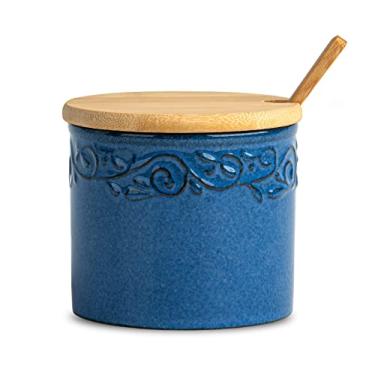 Imagem de dgudgu Açucareiro com tampa e colher Jarra de açúcar de cerâmica recipiente de cubo de açúcar azul pote de açúcar com colher recipiente de açúcar com colher açucareiro com tampa e colher suporte de
