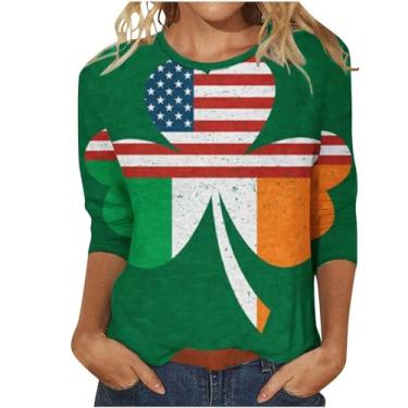 Imagem de Camiseta feminina do Dia de São Patrício com estampa da bandeira irlandesa americana túnica verde manga 3/4, Cinza, M