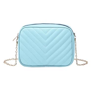 Imagem de Bolsa mensageiro feminina moda simples listra tendência corrente bolsa de ombro bolsa prática pequena bolsa de couro, Azul-celeste, One Size