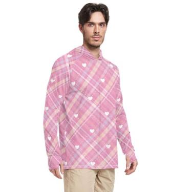Imagem de Moletom masculino com proteção solar, manga comprida, xadrez, rosa, FPS 50, camiseta UV Rash Guard, Rosa xadrez, P
