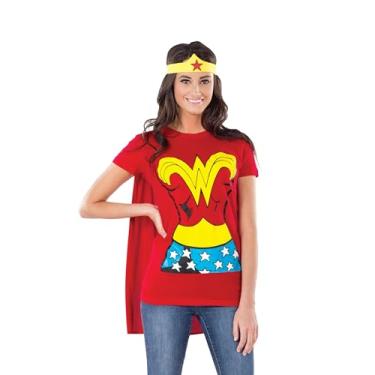 Imagem de Rubies Camiseta feminina DC Comics Mulher Maravilha com capa e faixa de cabeça, Vermelho, Medium