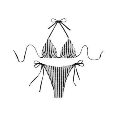 Imagem de Falainetee Conjunto de biquíni feminino, listrado, frente única, cintura alta, triângulo, colorblock, Preto, G